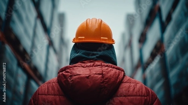 Fototapeta Worker viewed from behind in warehouse, wearing hardhat and puffer jacket