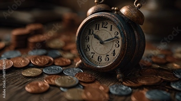 Fototapeta Worn clock surrounded by scattered coins on rustic wooden surface