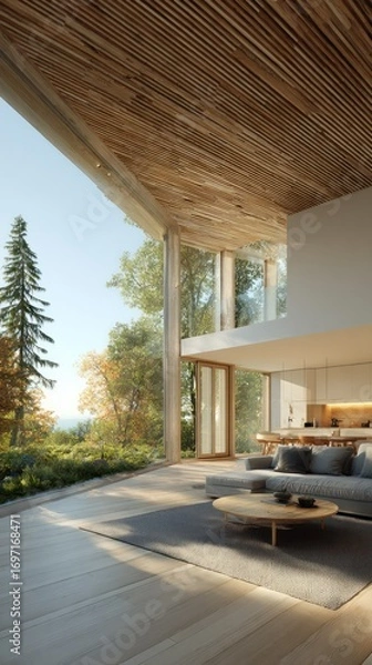Fototapeta Airy modern home with floor-to-ceiling windows and wood ceiling/flooring