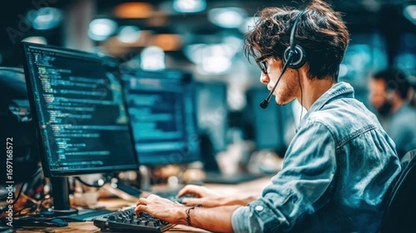 Fototapeta Young coder types at monitor, wearing headset, blurred office background