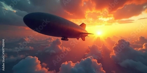 Fototapeta Giant airship soaring through a dramatic sunset sky, majestic and powerful, casting a long shadow below , science fiction, golden hour