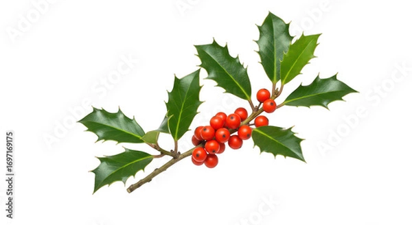 Fototapeta Holly branch with glossy leaves and bright red berries on a black background