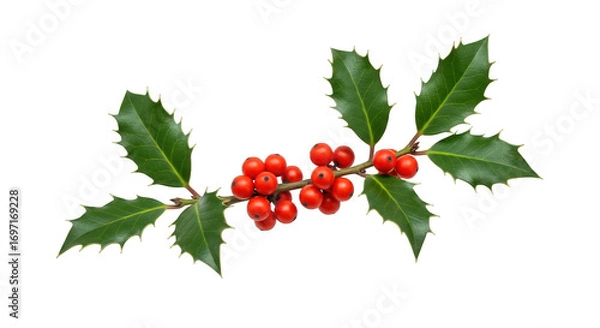Fototapeta Holly sprig with red berries and green leaves isolated on a black background