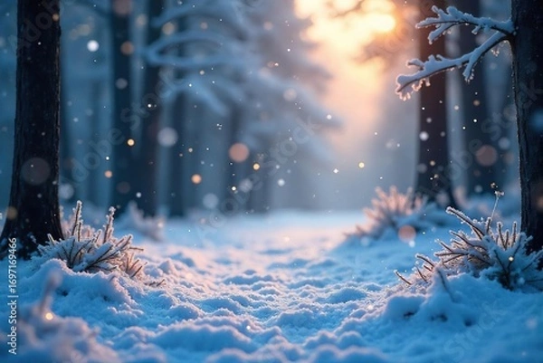 Fototapeta Ethereal snowflakes gently fall, illuminating the scene with a soft, magical glow Perfect for winter, holiday, and fantasy themes A serene and peaceful winter wonderland scene , beauty, cold