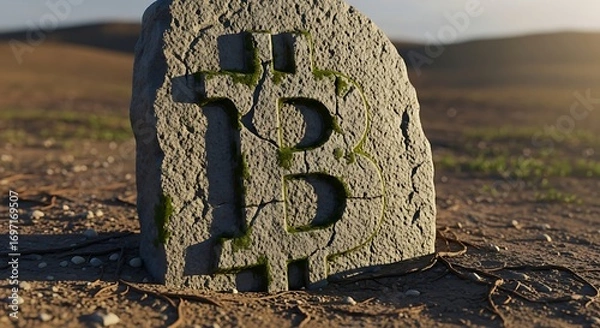 Fototapeta The forgotten legacy of a digital currency, a weathered stone monument with a carved crypto symbol abandoned in a desolate desert landscape