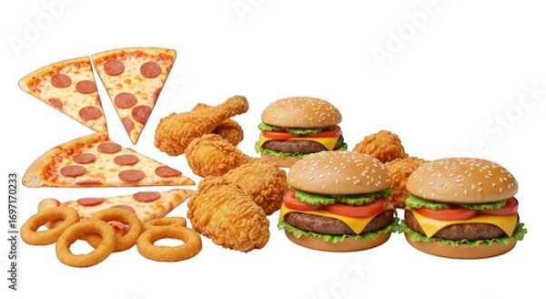 Fototapeta Pile of pizza slices, burgers, fried chicken, and onion rings on black backdrop