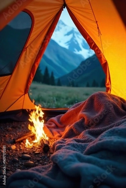 Fototapeta Cozy and versatile tent blanket, perfect for camping trips or indoor use Soft, durable material provides warmth and comfort Ideal for snuggling up on a chilly night , cozy blanket, campsite