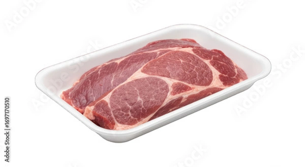 Fototapeta Raw pork shoulder cutlets in styrofoam tray, marbling, dark backdrop