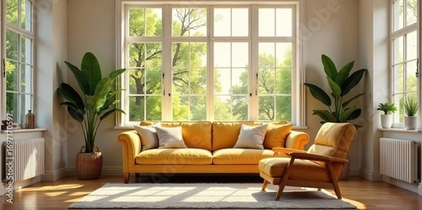 Fototapeta Cozy living room, sunlight streaming through windows illuminating a comfortable sofa and inviting armchair, creating a warm and welcoming home organization atmosphere , organization, clutter free