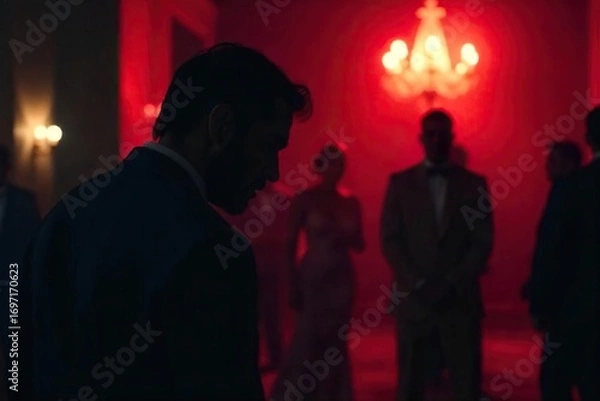 Fototapeta Shadowy figure lurking in the background, observing a wealthy client at a gala Discreet protection, potential threat, high stakes security, unsolved case , mystery, darkness