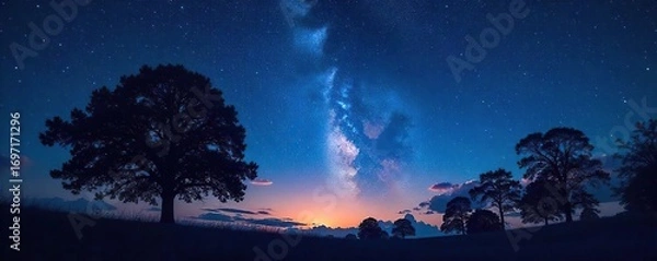 Fototapeta Silhouetted trees against a star-filled night sky, evoking a sense of mystery and peaceful contemplation Perfect for themes of introspection, meditation, and the cosmos , awe, universe