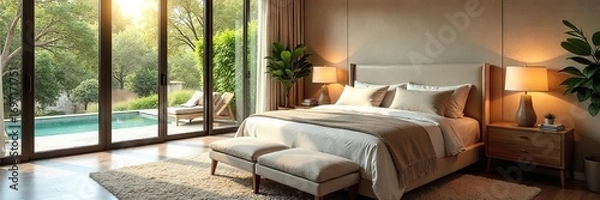 Fototapeta Serene master bedroom retreat featuring a plush king-size bed, elegant nightstands, and large windows offering natural light , elegant, serene