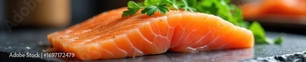 Fototapeta Close-up shot of raw salmon fillets on a kitchen counter, highlighting potential salmonella contamination risk Proper food handling and hygiene are crucial to prevent illness , safety, disease