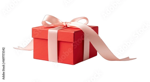 Fototapeta Wrapped red gift box with a large peach-colored ribbon, against black