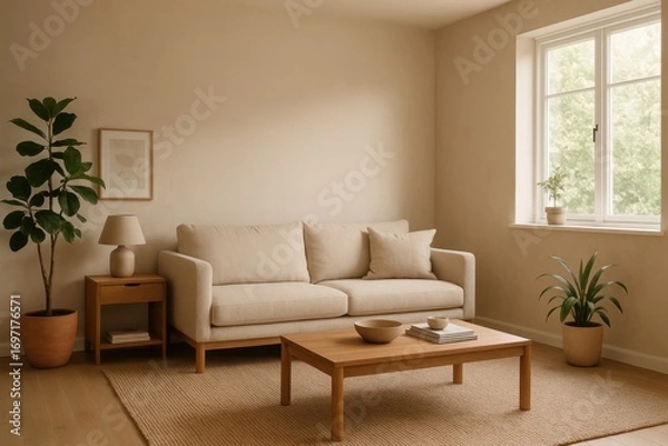 Obraz Minimalist Scandinavian living room with warm wood furniture linen sofa plants and soft daylight photoreal 3D visualization perfect interior styling mockup