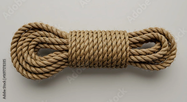 Fototapeta Coiled Rope: An overhead, detailed shot showcasing a neatly coiled, robust rope against an understated background. Ideal for conveying themes of resilience, resourcefulness, and unity.
