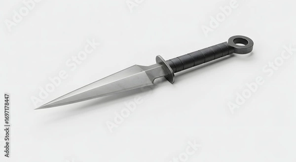 Fototapeta Dagger of Precision: A close-up shot of a meticulously crafted dagger, showcasing its sharp blade, balanced handle, and ringed end against a simple backdrop.
