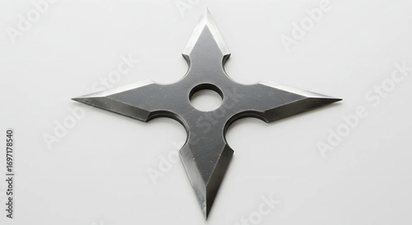 Fototapeta Shuriken in Stillness: An intimidating, star-shaped shuriken rests, poised with its sharpened edges on display. This image of weapon embodies both danger and precision.