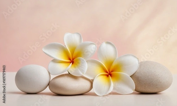 Fototapeta Tranquil spa scene with delicate plumeria flowers and smooth balancing stones, promoting peace and wellness.