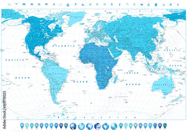 Obraz World Map in colors of blue and 3d globes
