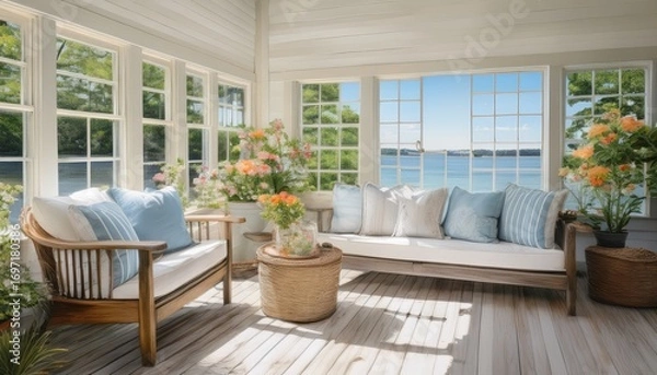 Obraz coastal and relaxing hamptons sunroom featuring whitewashed shiplap walls and french doors interior design and decor