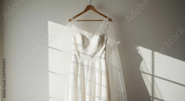 Fototapeta Elegant wedding gown hangs softly illuminated by warm sunlight streaming through window. AI Generated