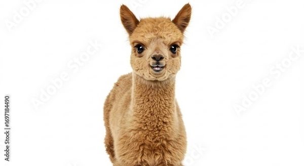 Fototapeta Adorable fluffy alpaca cheerfully poses against bright white background. AI Generated