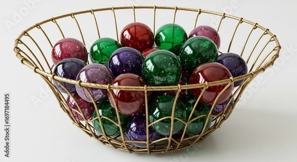 Fototapeta Colorful glass orbs rest gently in a stylish gold wire bowl.. AI Generated