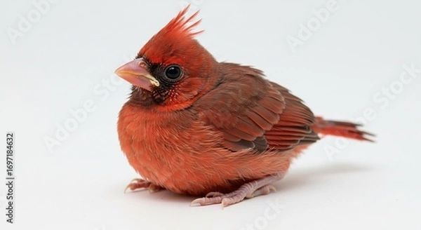 Fototapeta Fluffy red cardinal chick poses softly against bright white background. AI Generated