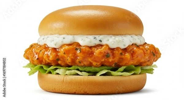 Fototapeta Crispy chicken sandwich boasts creamy sauce vibrant lettuce soft bun. AI Generated