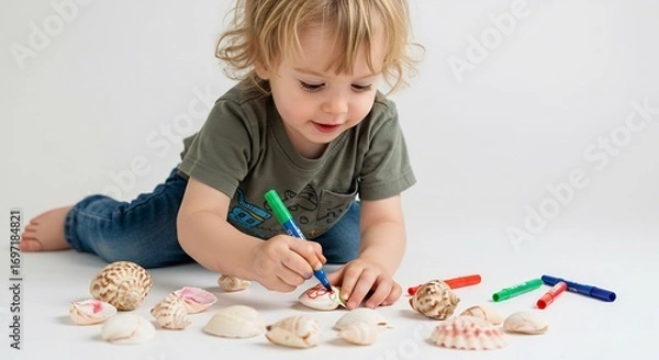 Fototapeta Toddler joyfully decorates seashells with bright markers soft light. AI Generated