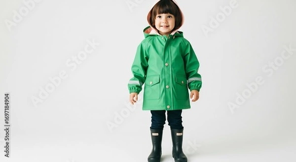 Fototapeta Smiling child joyfully wears bright green raincoat soft light enhances vibrant color. AI Generated