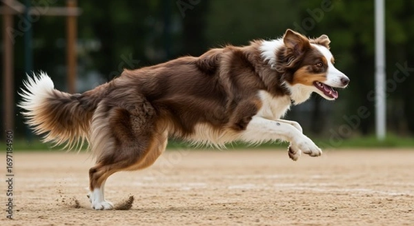 Fototapeta Brown and white border collie dog joyfully runs across sandy field under soft natural light. AI Generated