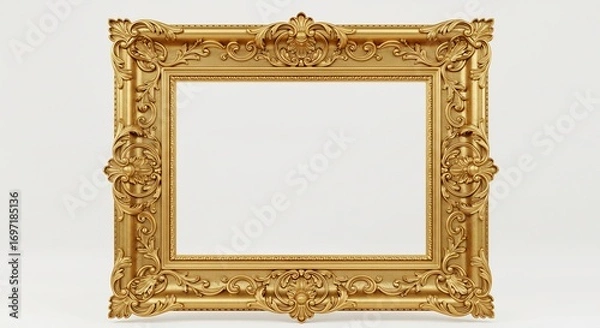 Fototapeta Ornate gold picture frame elegantly displays empty canvas against soft white background. AI Generated