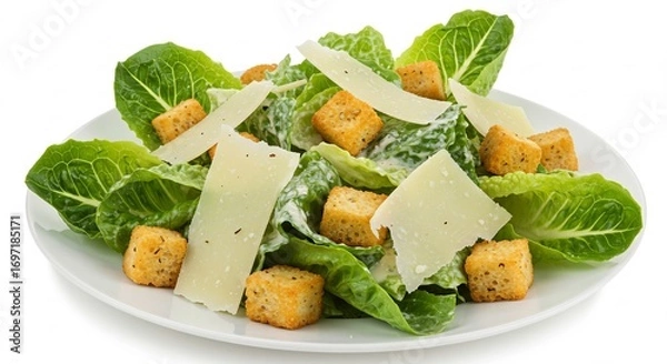 Fototapeta Crisp romaine lettuce salad generously topped with croutons and parmesan cheese. AI Generated