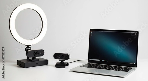 Fototapeta Bright ring light illuminates webcams neatly positioned beside laptop for clear video conferencing.. AI Generated