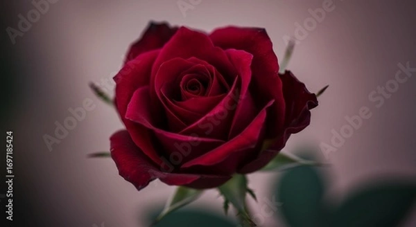 Fototapeta Single Deep Red Rose Softly Lit Close Up. AI Generated