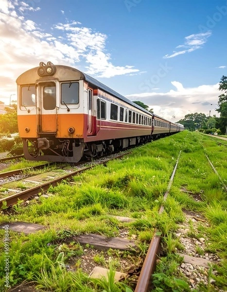Obraz Train on tracks at sunset