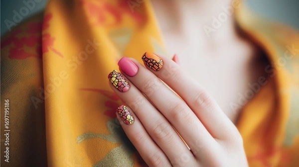Fototapeta A woman's hand with beautifully manicured nails featuring a bold, colorful polka dot design. The hand is gently touching her shoulder.
