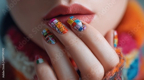 Fototapeta Woman's hand with beautifully manicured nails featuring a bold, colorful abstract design, matching her rich lipstick and warm orange knitted sweater.