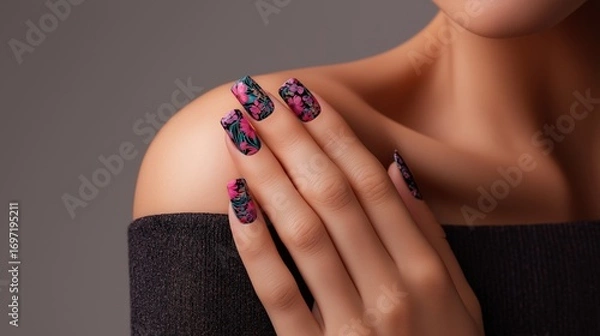 Fototapeta A woman's hand with beautifully manicured nails featuring a bold, colorful polka dot design. The hand is gently touching her shoulder.