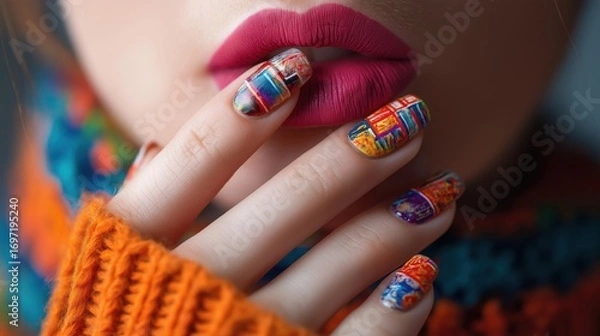 Fototapeta Woman's hand with beautifully manicured nails featuring a bold, colorful abstract design, matching her rich lipstick and warm orange knitted sweater.