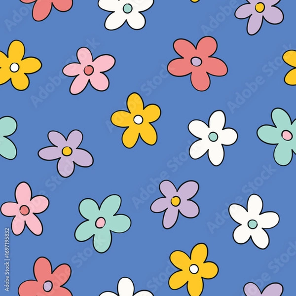 Fototapeta Blue Floral Pattern Cute Flowers Background