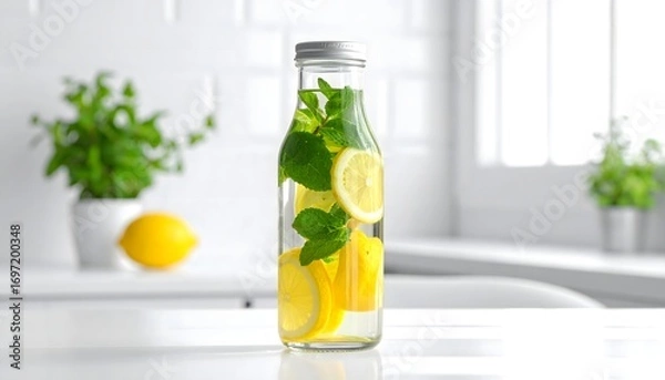 Fototapeta there is a glass bottle with lemons and mint leaves in it