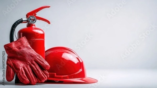 Obraz Fire Safety Equipment with Red Helmet, Gloves, and Extinguisher