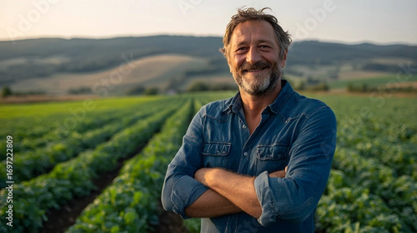 Fototapeta Portrait of smiling farmer standing in cultivated field with arms crossed at sunset