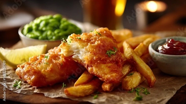 Fototapeta Crispy battered fish with golden fries and green peas, served on a rustic wooden table