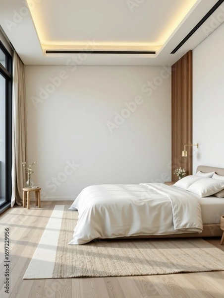 Fototapeta Minimalist Zen Bedroom with Tidy Bed and Spacious Environment