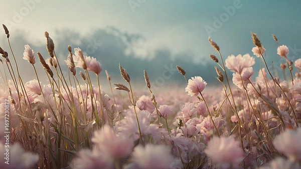 Fototapeta Dreamy Pink Flower Field in Morning Mist or Fog ,  A magical and serene close-up of a wide field of delicate, pink wildflowers and wild grasses bathed in the soft light of dawn or sunset. 