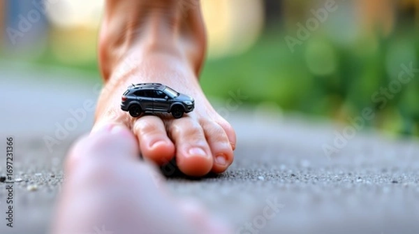 Fototapeta Car Toes Fun, Tiny Driver Art, Foot Fun Design, Unexpected Ride Photo, Whimsical Foot Moment